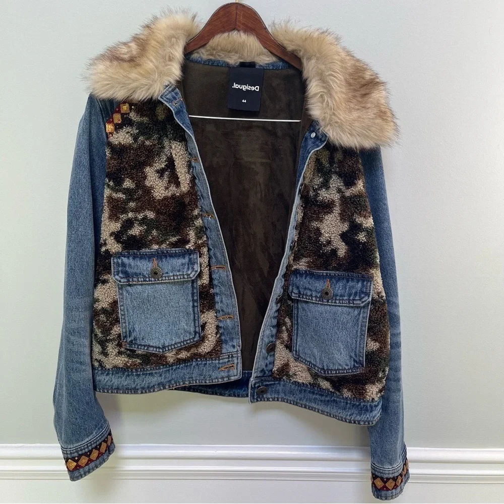 Desigual Denim Camouflage Jean Jacket with Faux Fur XL - Picture 15 of 15